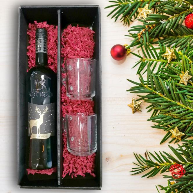 Edles Glühwein-Set mit Namen als Weihnachtsgeschenk und Rotwild Glühwein