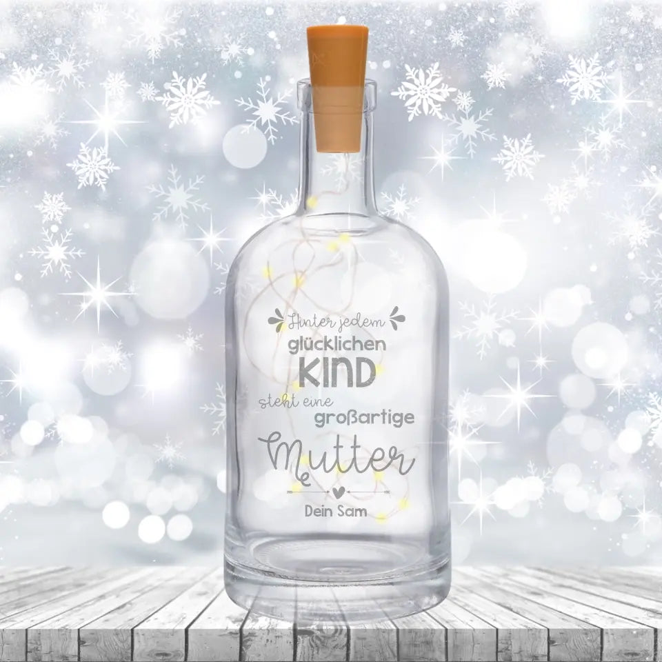 Glasflasche mit Lichterkette und individueller Gravur, tolles Weihnachtsgeschenk