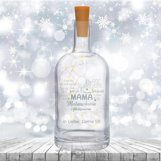 Deko-Flasche mit Lichterkette individuell für Mama graviert - Geschenk zum Muttertag