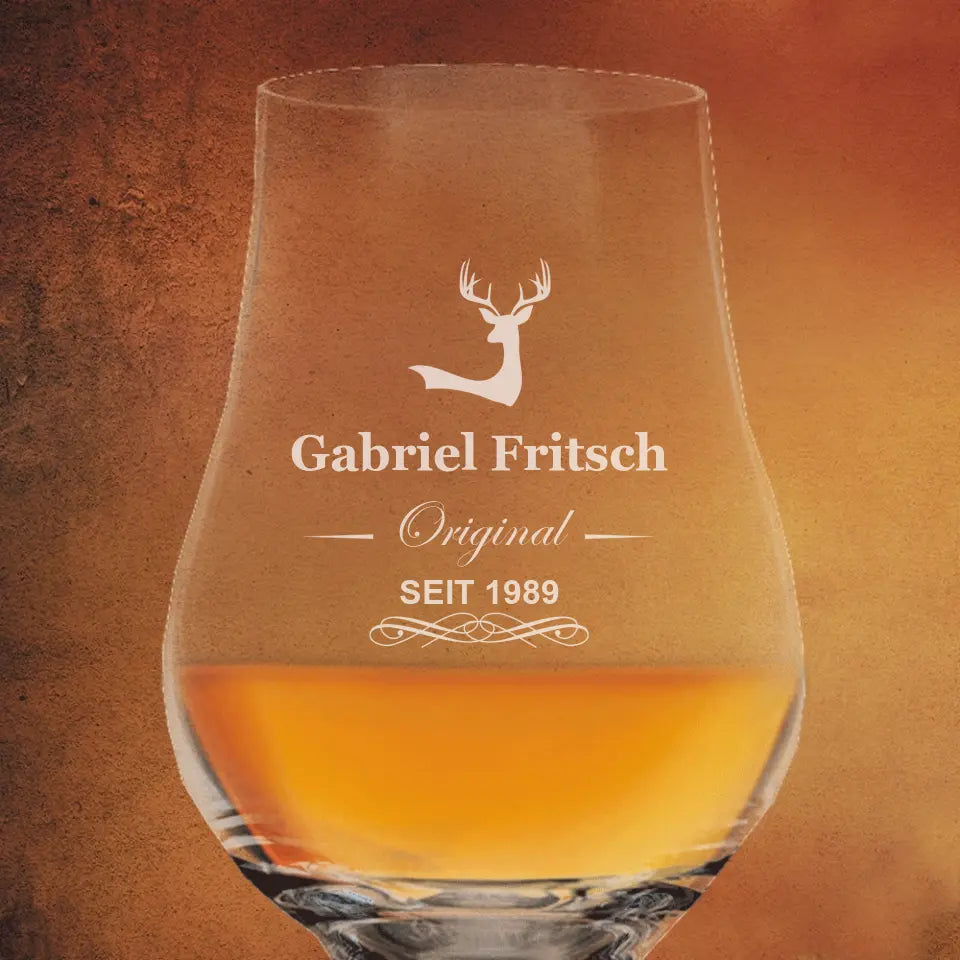 Glencairn Whiskyglas mit Name, Spruch und Jahr graviert