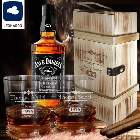 Geschenkset Whisky mit Gravur Leonardo in edler Holzkiste