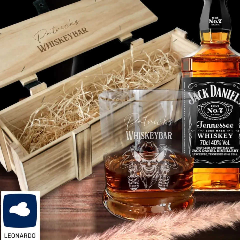 Whisky-Geschenkset Leonardo individuell graviert in geflammter Holzkiste