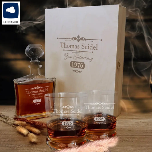 Whisky Geschenkset mit Whiskykaraffe, Leonardo Gläsern und Holzkiste mit Gravur