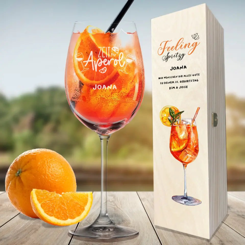 Individuell graviertes/ bedrucktes Aperol Geschenkset mit Leonardo Glas in Holzkiste