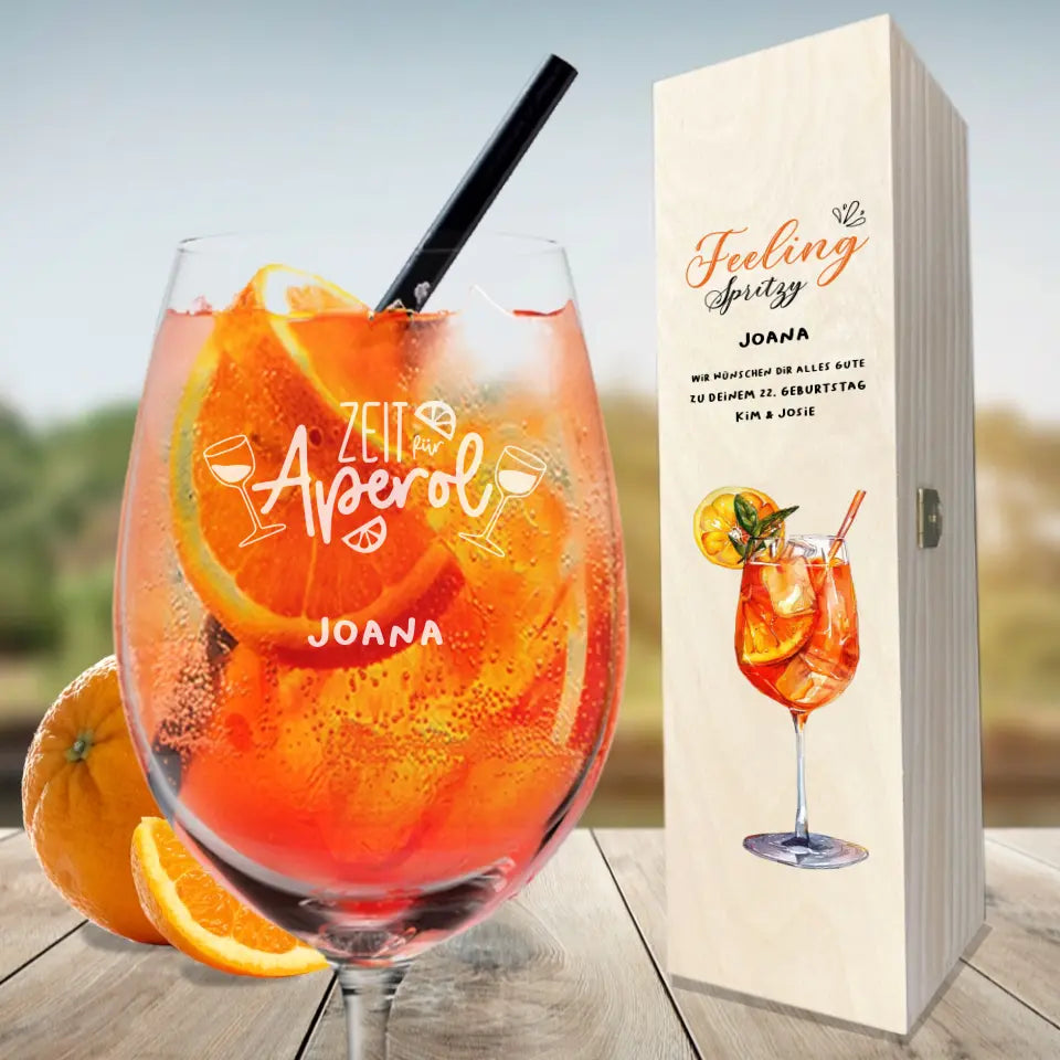 Individuell graviertes/ bedrucktes Aperol Geschenkset mit Leonardo Glas in Holzkiste