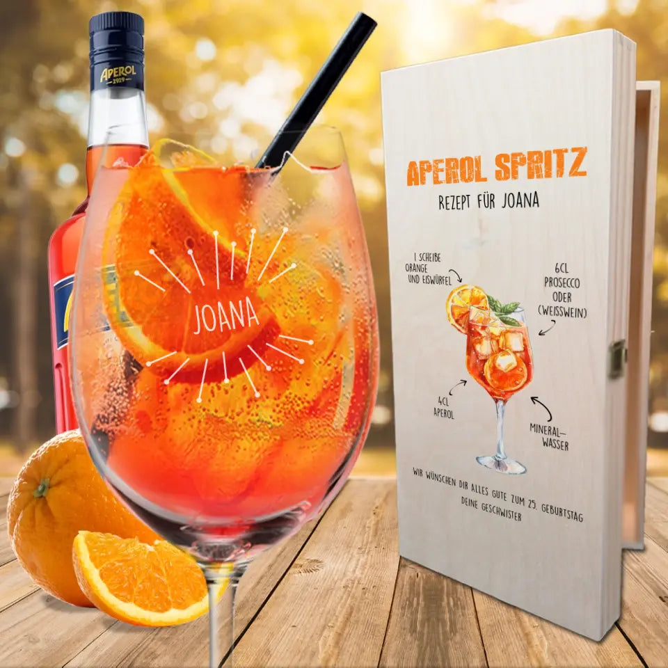 Aperol Geschenkset mit bedruckter Kiste und Glas mit deinem Namen