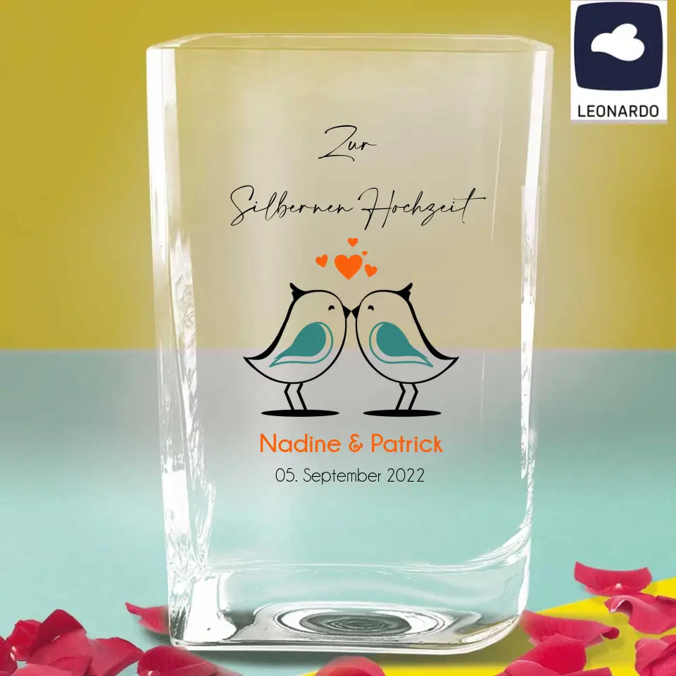 Bedruckte Leonardo Vase mit Namen bedruckt zur Hochzeit, Silberhochzeit, Goldenen Hochzeit