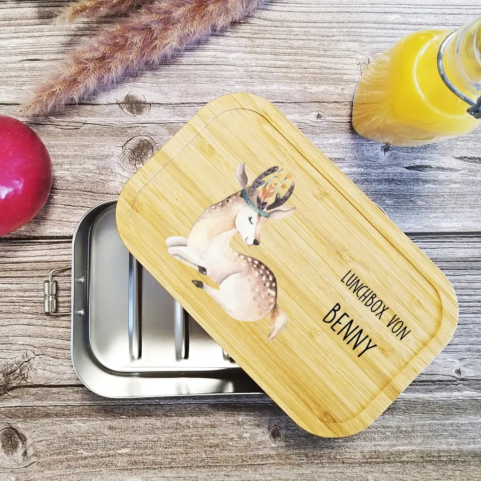 Personalisierte Lunchbox | Brotdose aus Edelstahl mit süßem Reh und deinem Namen bedruckt
