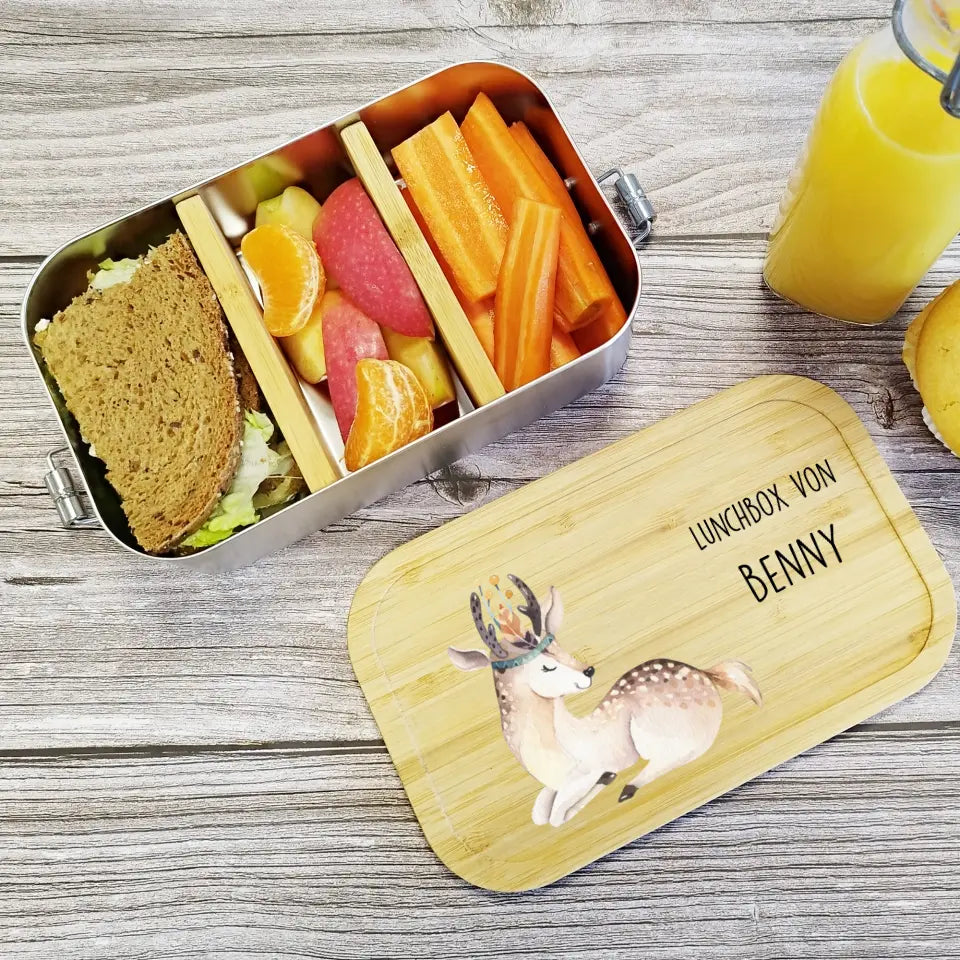 Personalisierte Lunchbox | Brotdose aus Edelstahl mit süßem Reh und deinem Namen bedruckt