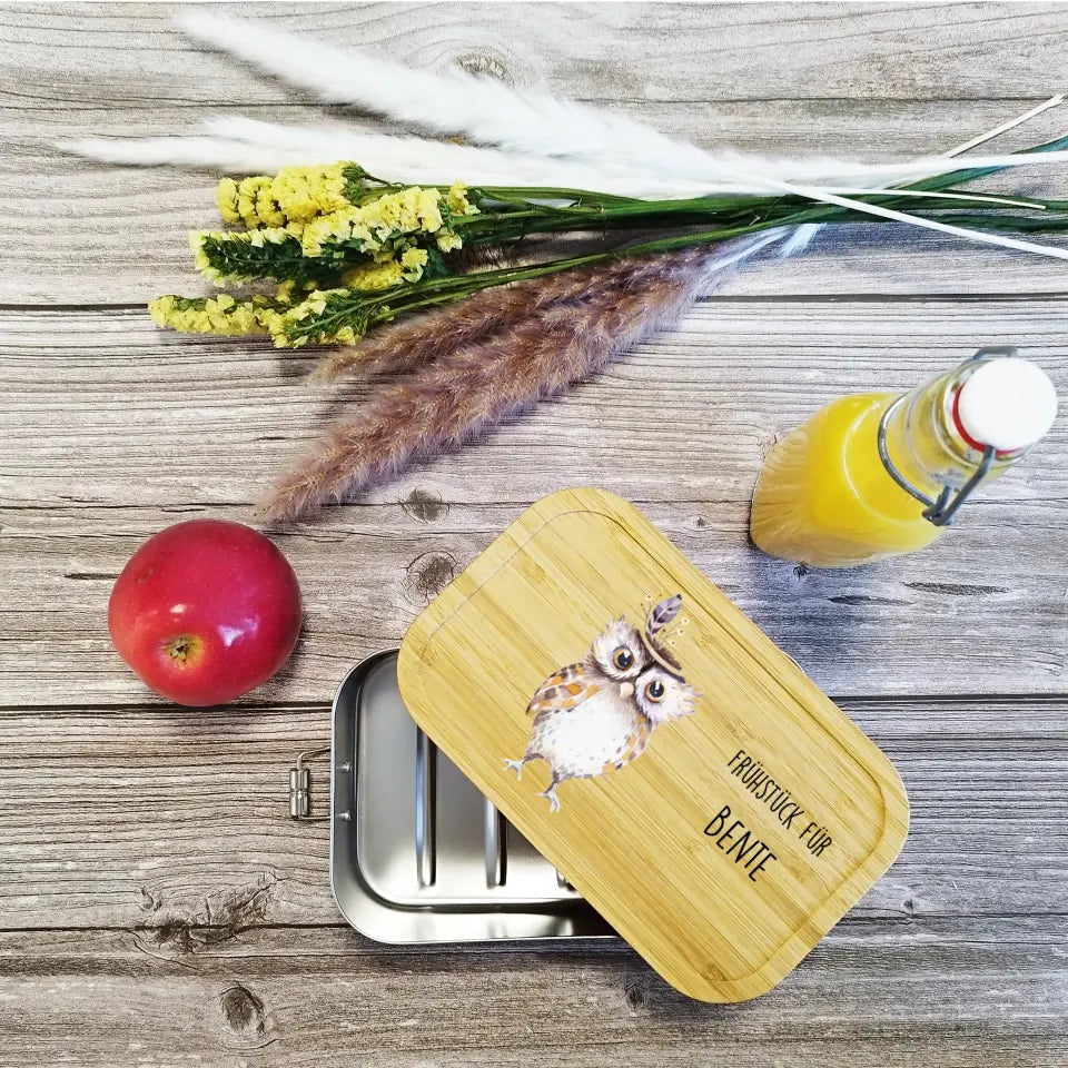 Kinder Lunchbox | Brotdose aus Edelstahl mit Eule und deinem Namen bedruckt