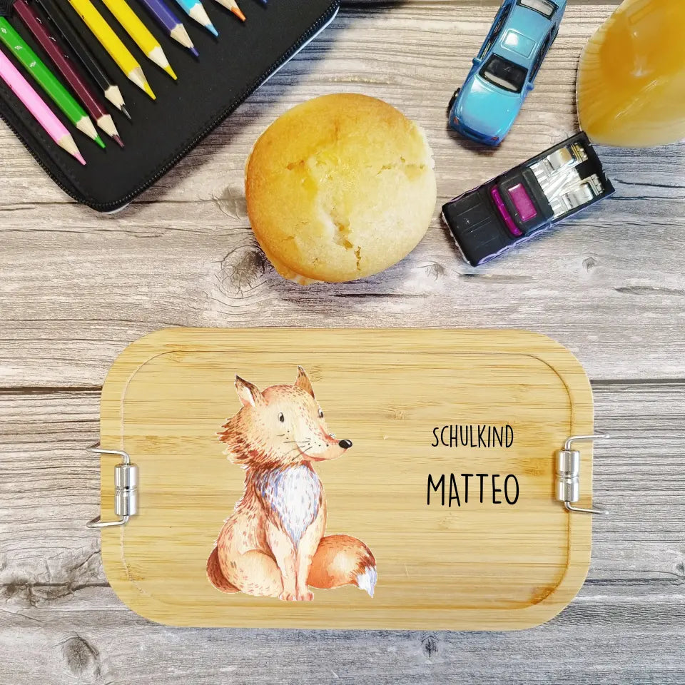Bedruckte Lunchbox | Brotdose mit Fuchs aus Edelstahl mit Bambus