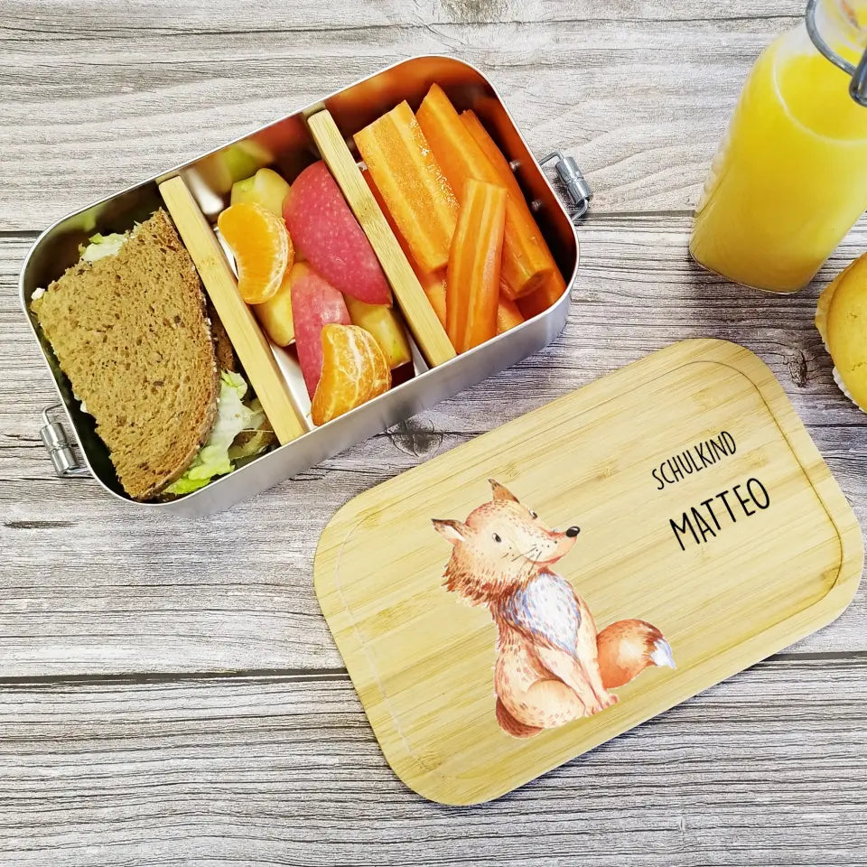 Bedruckte Lunchbox | Brotdose mit Fuchs aus Edelstahl mit Bambus