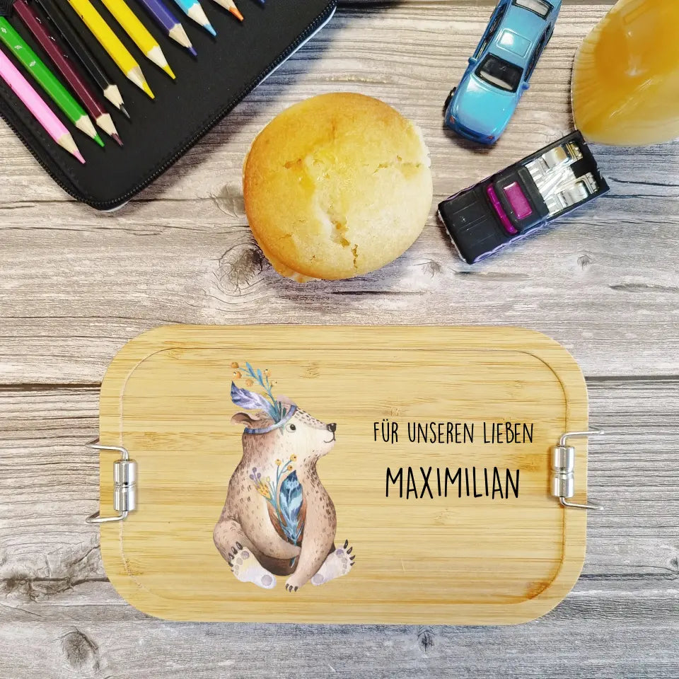 Brotdose | Lunchbox Edelstahl bedruckt mit Bär und deinem Namen