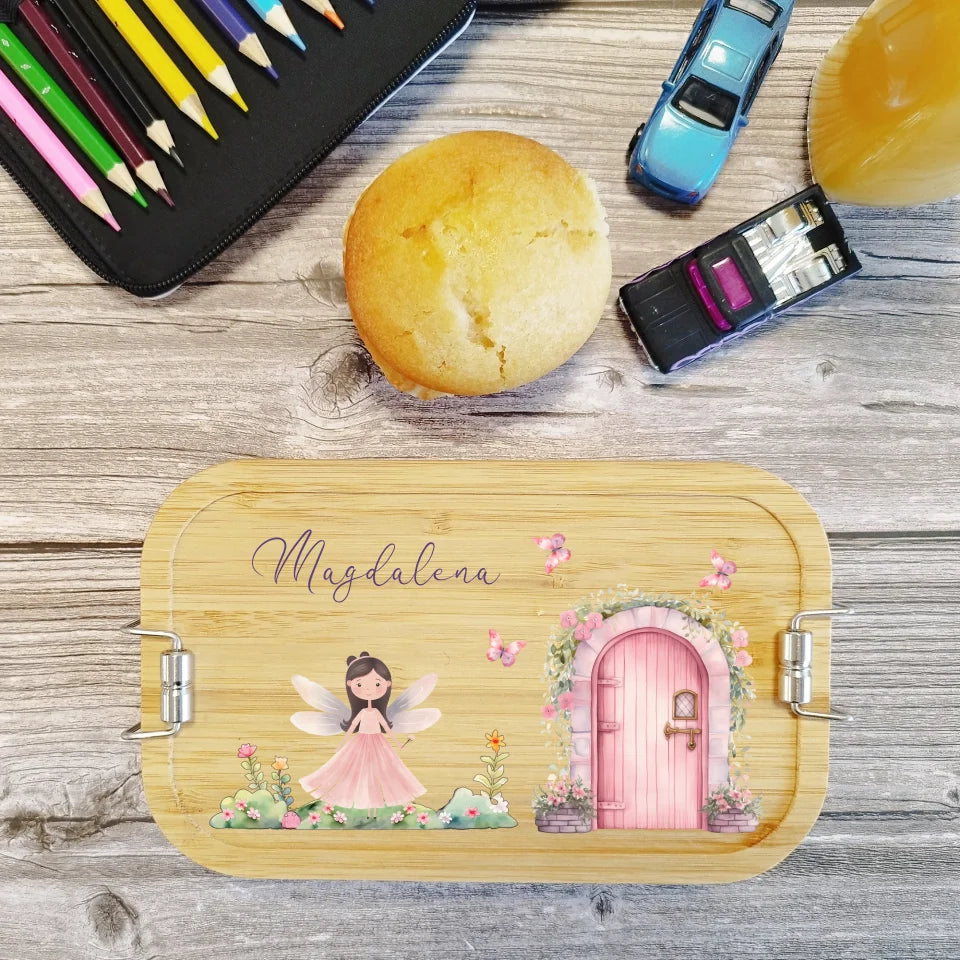 Zauberhafte Lunchbox | Brotdose Edelstahl für Mädchen mit Fee und Namen bedruckt