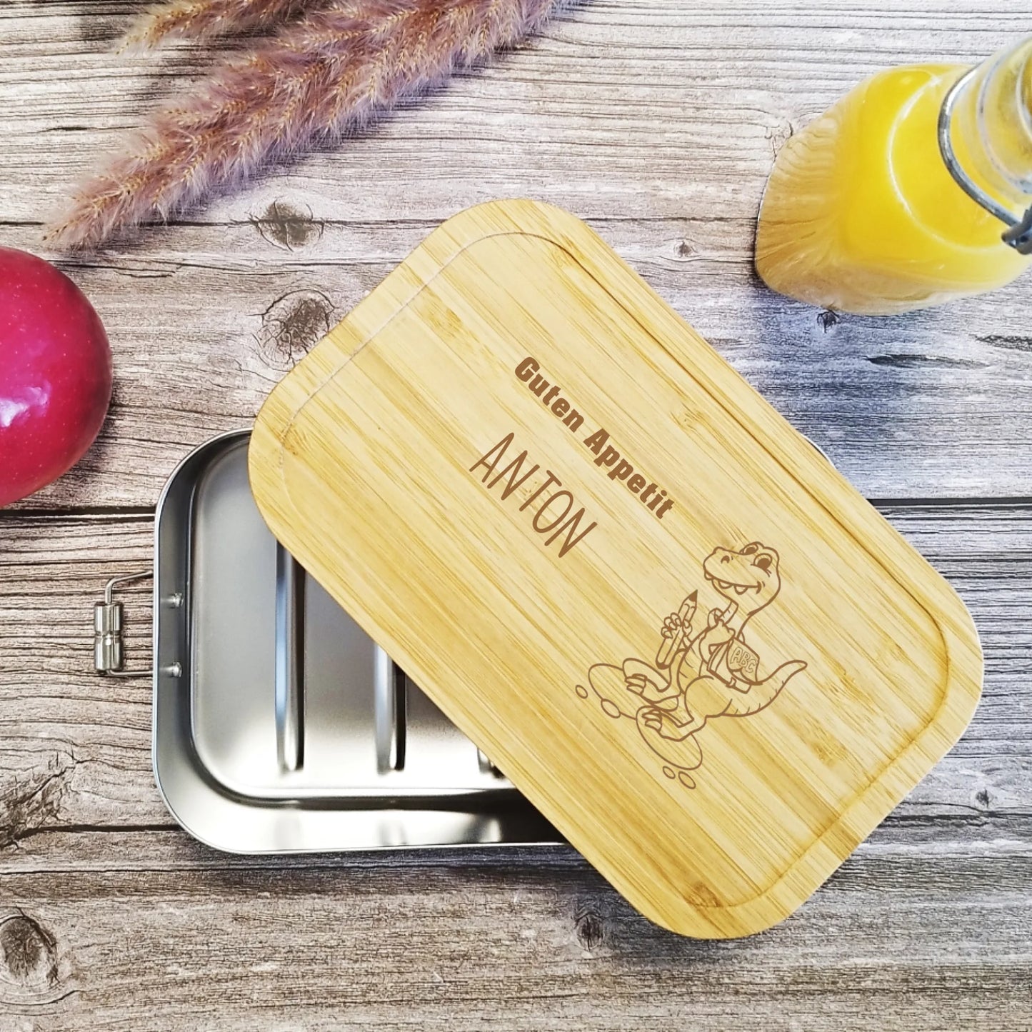 Edelstahl Brotdose, Lunchbox mit Dino, Name und Trennwand