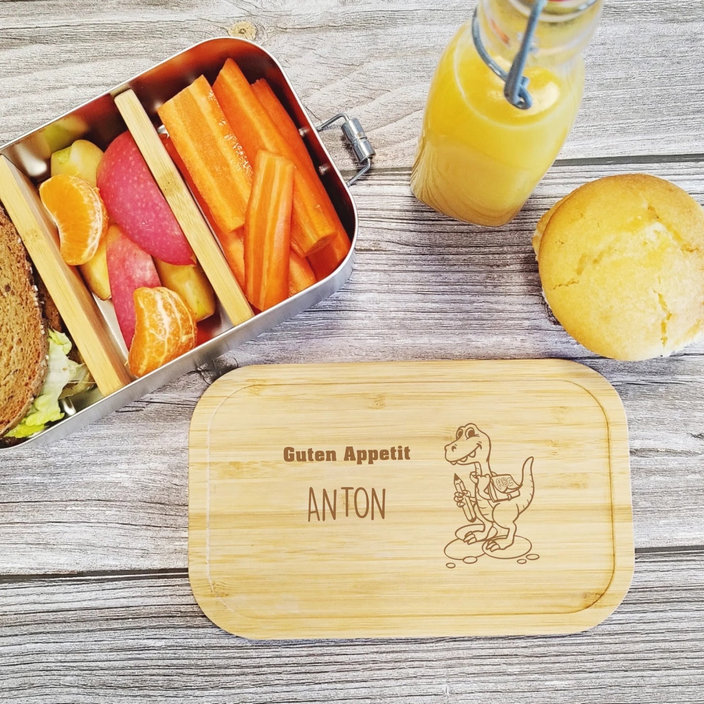 Edelstahl Brotdose, Lunchbox mit Dino, Name und Trennwand