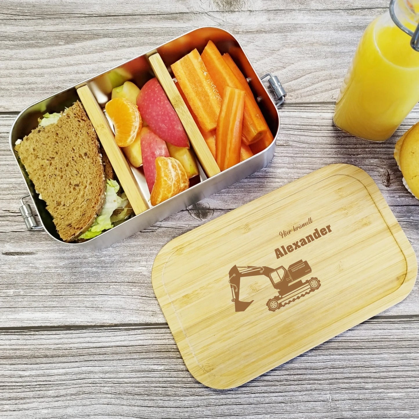 Brotdose | Lunchbox mit Bagger und deinem Namen graviert