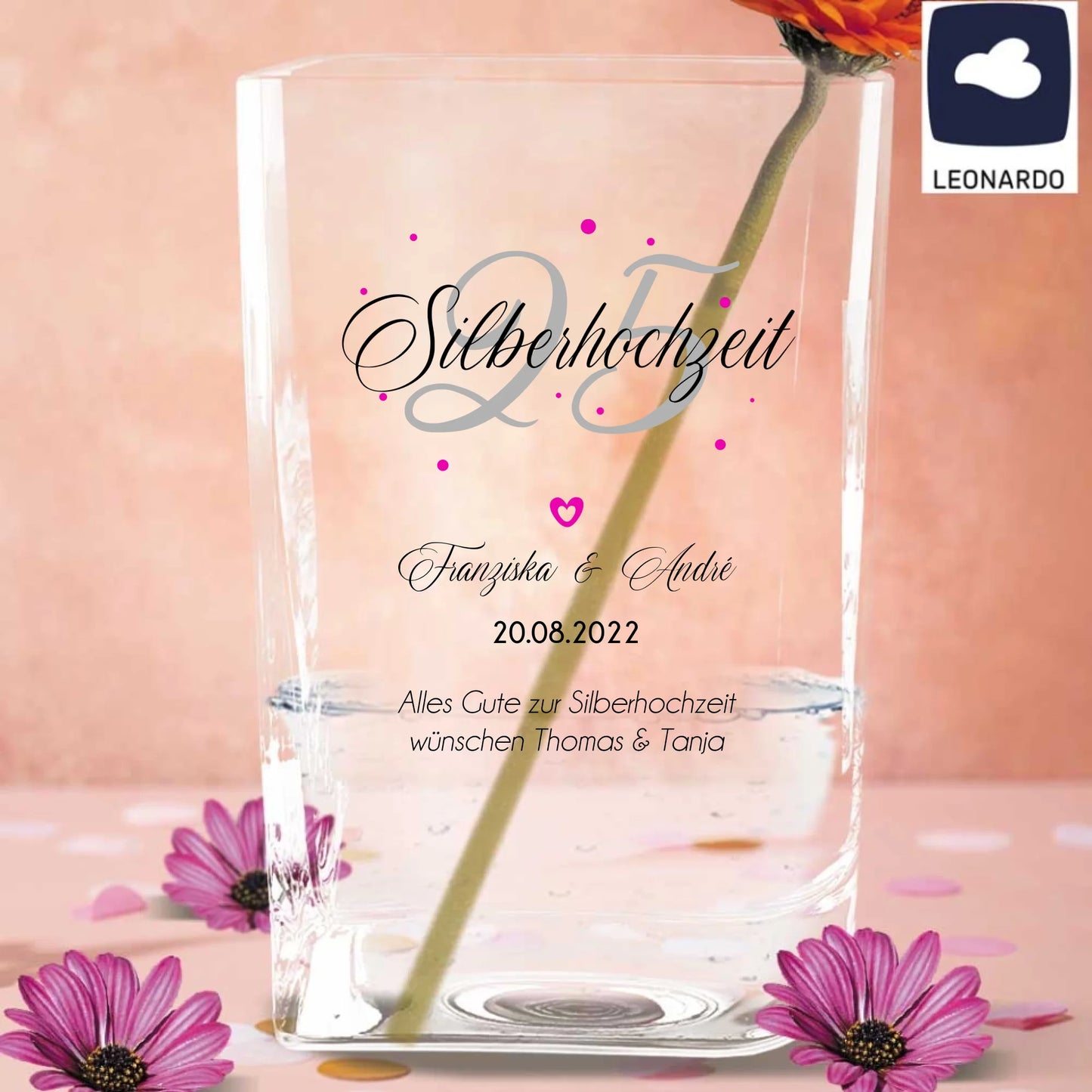 Leonardo Vase als Geschenk zur Silberhochzeit mit deinen Namen bedruckt