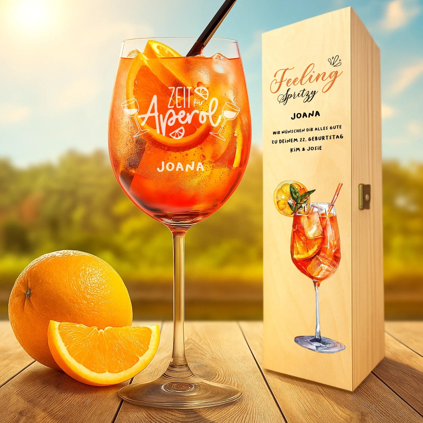 Individuell graviertes/ bedrucktes  Aperol Geschenkset mit Leonardo Glas in Holzkiste
