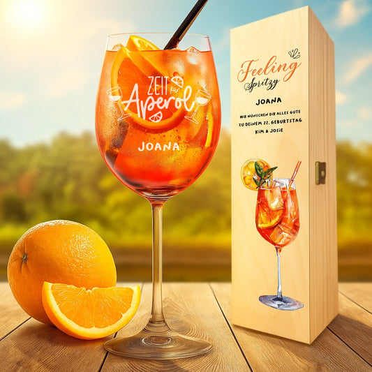 Individuell graviertes/ bedrucktes  Aperol Geschenkset mit Leonardo Glas in Holzkiste