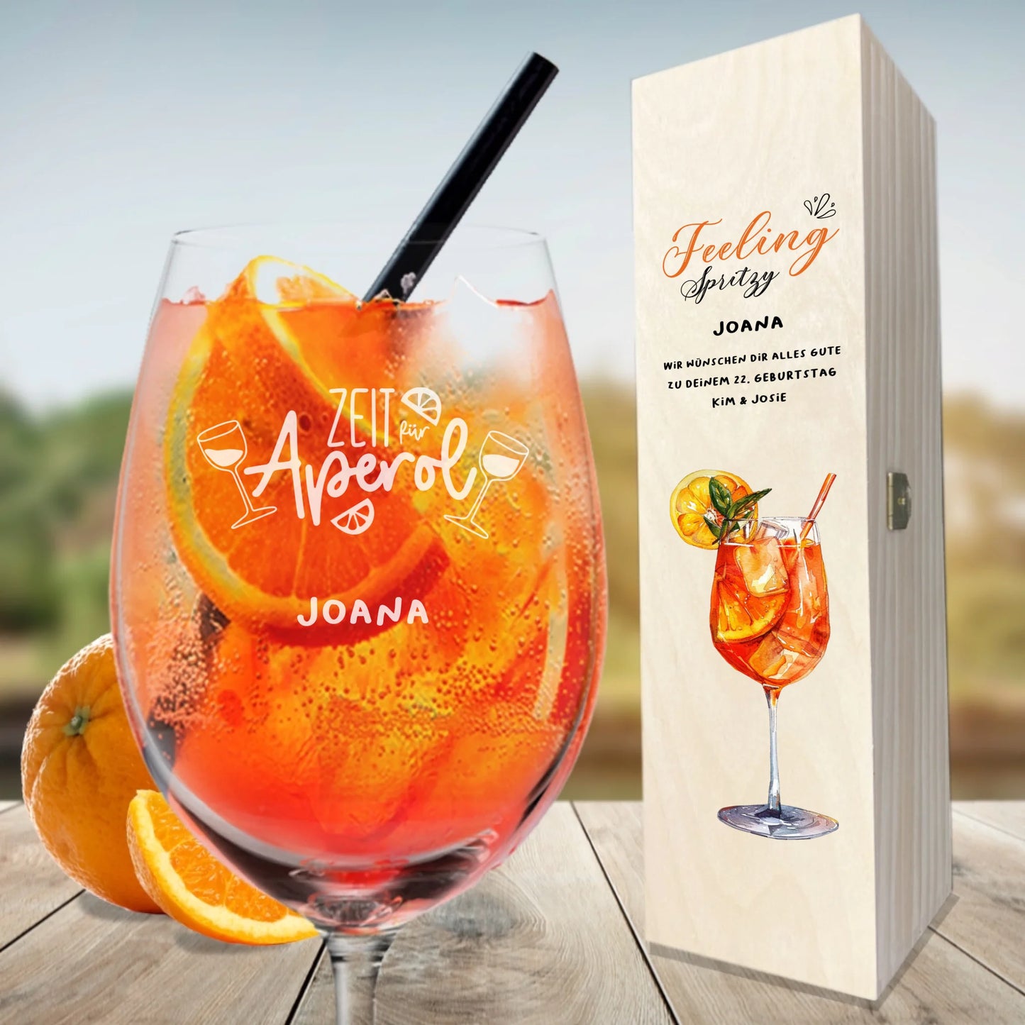 Individuell graviertes/ bedrucktes  Aperol Geschenkset mit Leonardo Glas in Holzkiste