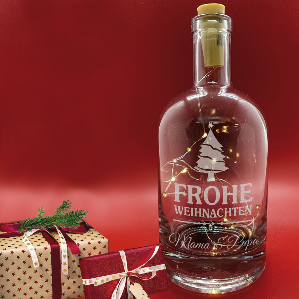LED Flasche mit Gravur - Weihnachtsbaum und Wunschtext