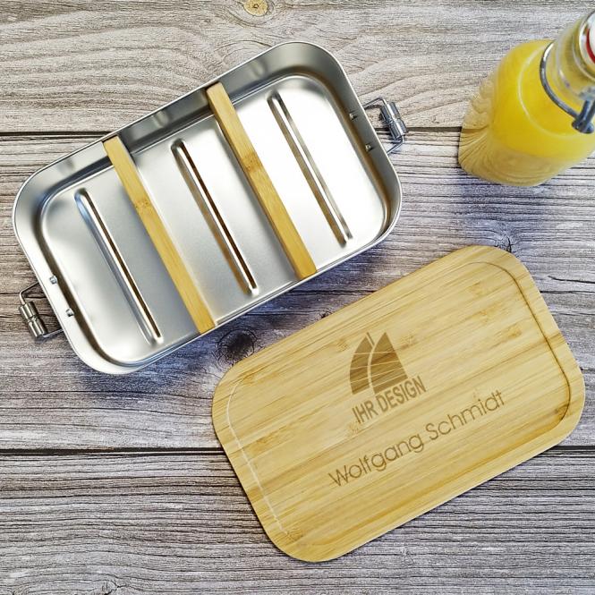 Lunchbox / Brotdose Edelstahl / Bambus mit Gravur deines Logos / Designs