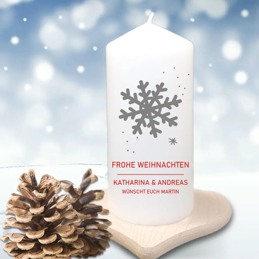 Frohe Weihnachten mit deinem Text individuell bedruckte Kerze Schneeflocke