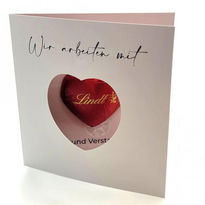 Gruß-Karte / Klappkarte inkl. Lindt Schoko-Herz mit Fotodruck deines Logos / Designs