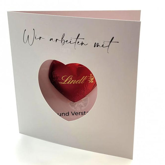 Gruß-Karte / Klappkarte inkl. Lindt Schoko-Herz mit Fotodruck deines Logos / Designs