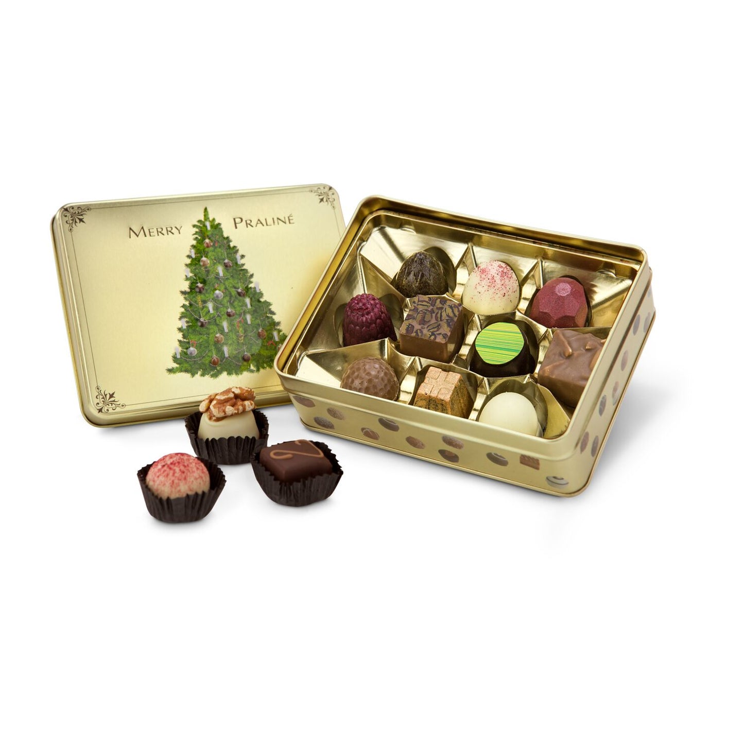 Merry Praliné – Geschenkdose mit 125 g Pralinen in Gold