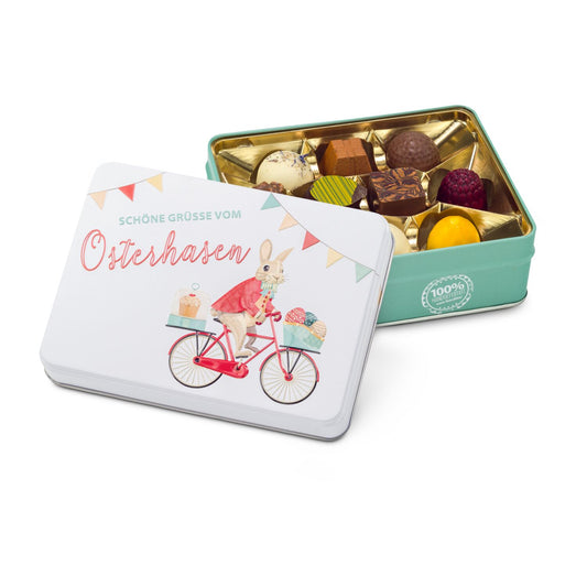 Hasenvater auf dem Fahrrad - Pralinendose mit 125 g