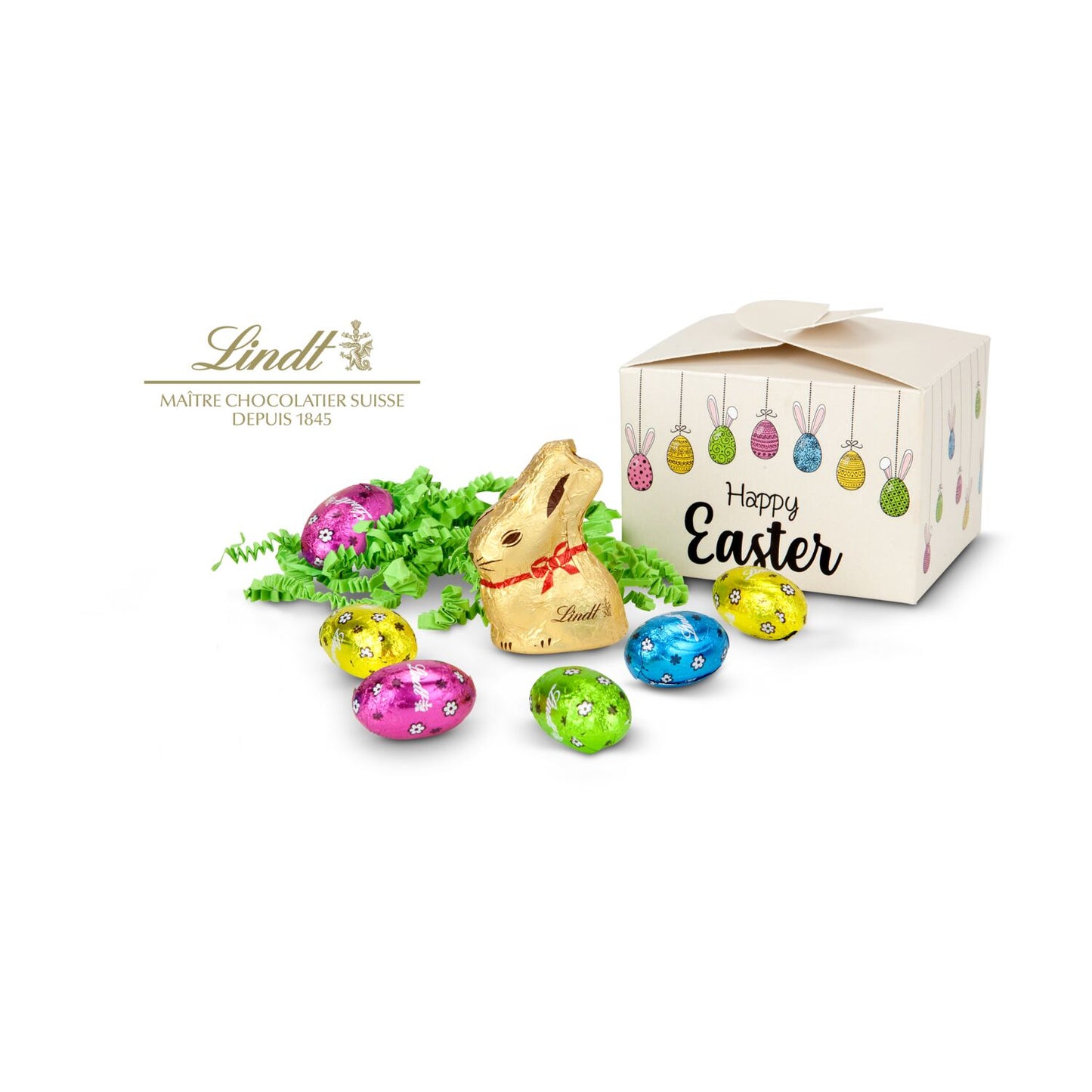 Buntes Lindt Osternest - Lindt-Osterhase mit 6 Eiern, auch in individueller Pralinenschachtel
