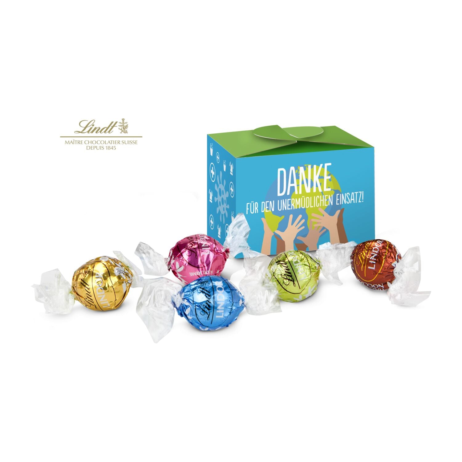 Lindt süßes Danke, Pralinenschachtel mit Globus, 5 Lindorkugeln für Ihre Mitarbeiter (ca. 75 g)