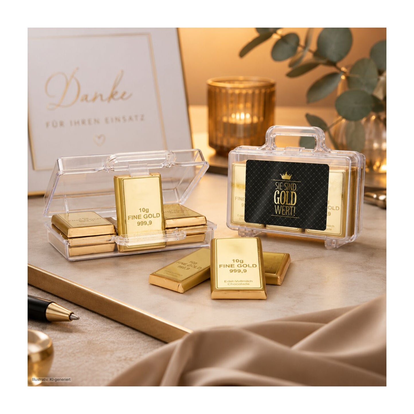 Sie sind Gold wert - Goldkoffer mit 12 Goldbarren, Edelvollmilch-Schokolade (120 g)