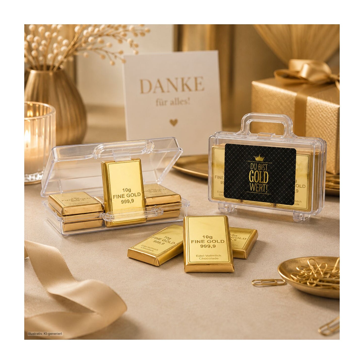 Du bist Gold wert - Goldkoffer mit 12 Goldbarren, Edelvollmilch-Schokolade (120 g)