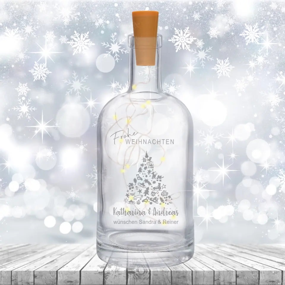 Flasche mit Lichterkette und individueller Gravur "Frohe Weihnachten"