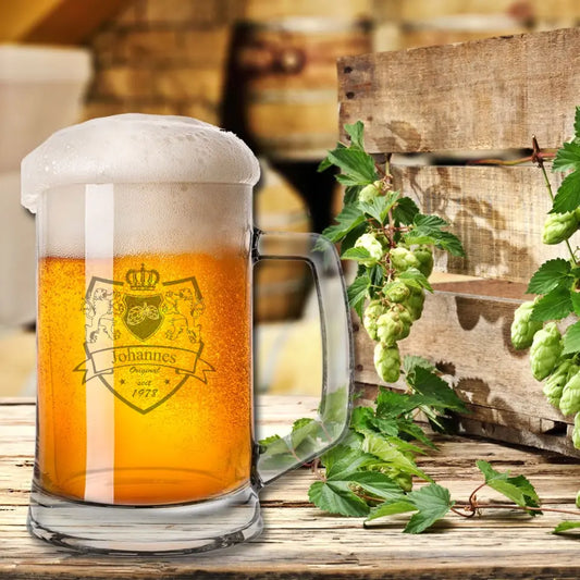 Beer mug 0.3 or 0.5 l engraved with a coat of arms/wreath and your name