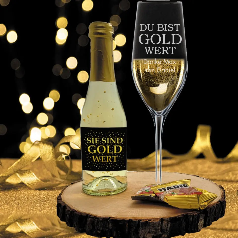 Sekt/ Piccolo Geschenkset mit Gravur "Du bist Gold wert" - Geschenk zum Muttertag