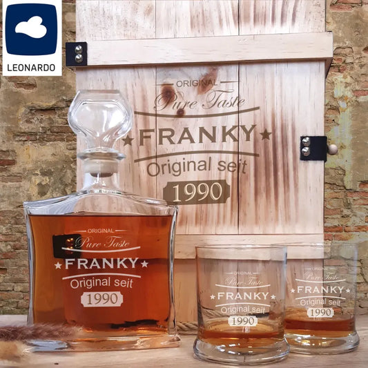 Personalisiertes Whisky Geschenk mit Leonardo Gläsern und Karaffe in Holzbox
