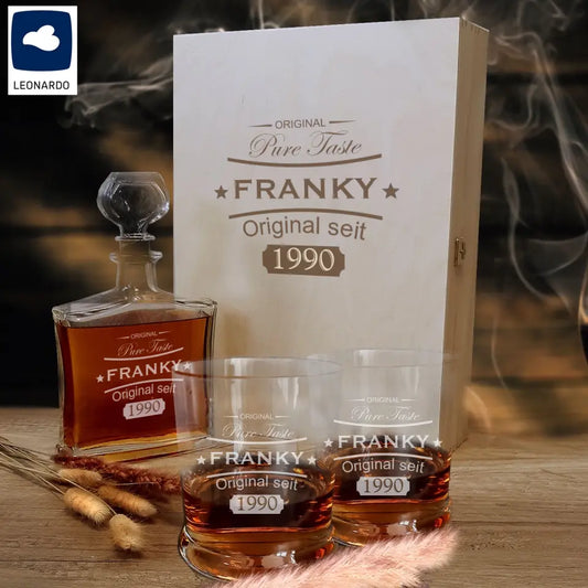 Graviertes Whisky Geschenkset mit Karaffe, Leonardo Gläsern und Holzkiste
