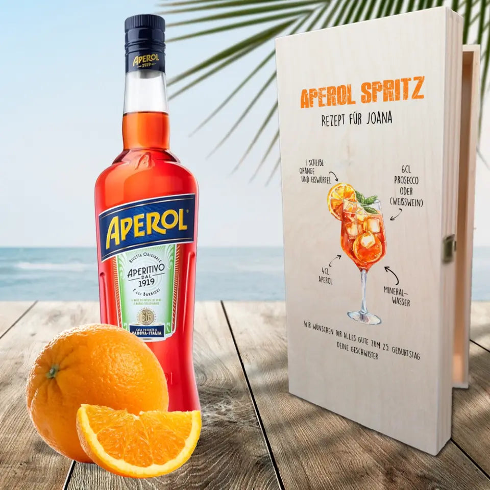 Holzkiste individuell mit Rezept und Wunschtext bedruckt für deine Aperol Gläser