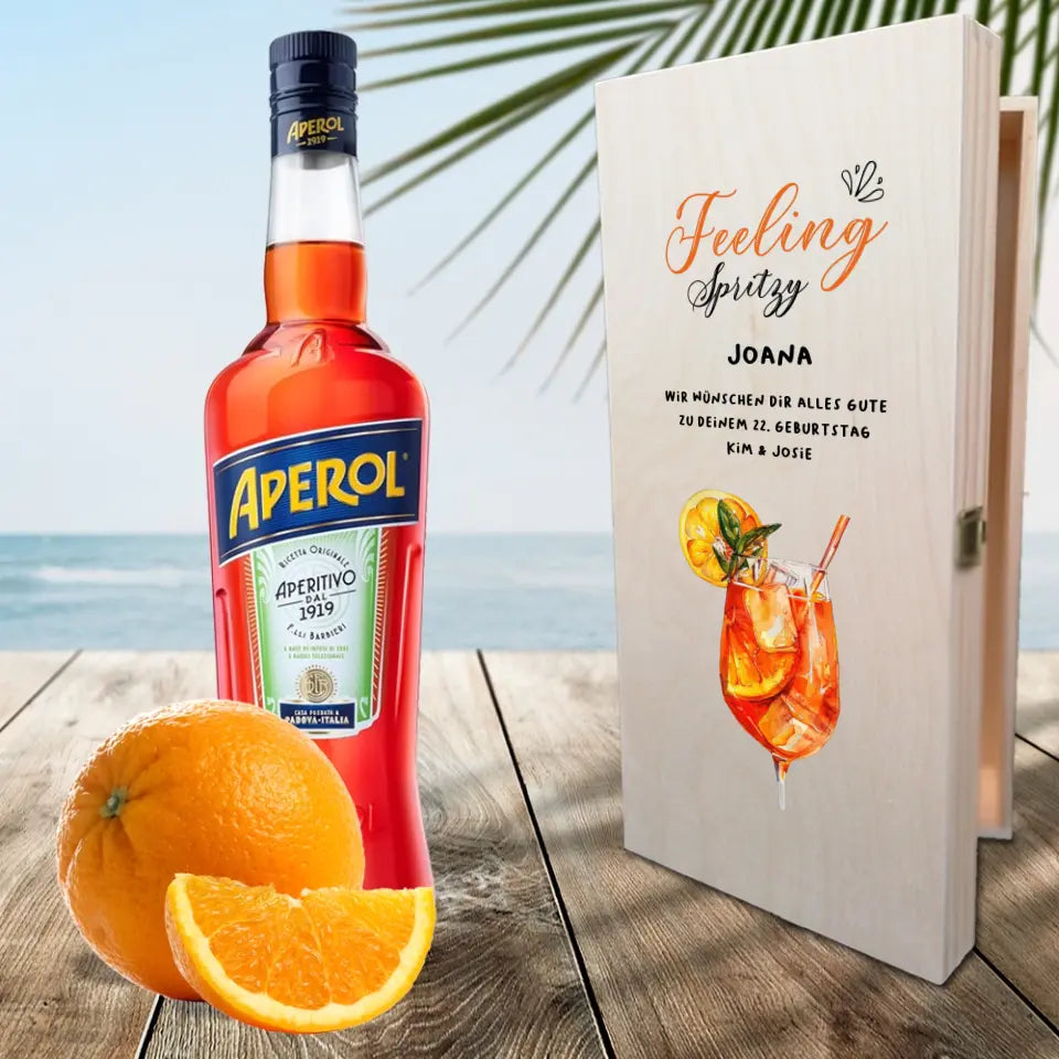 Edle Geschenkverpackung individuell bedruckte Holzkiste für deine Aperol Gläser