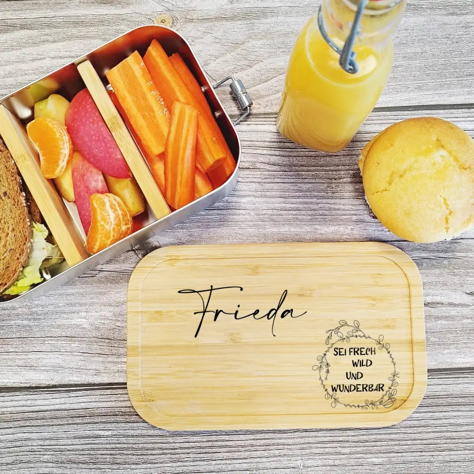 Edelstahl Lunchbox mit deinem Namen und eigenem Spruch bedruckt