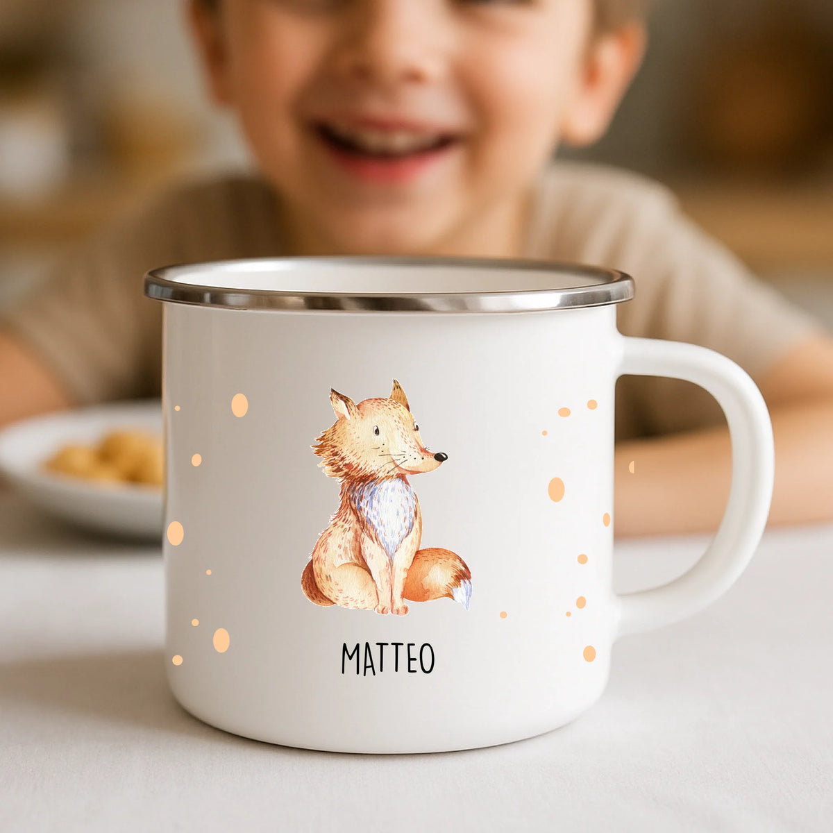 Emaille Tasse bedruckt mit Tier und Wunschname – Eve Agsten