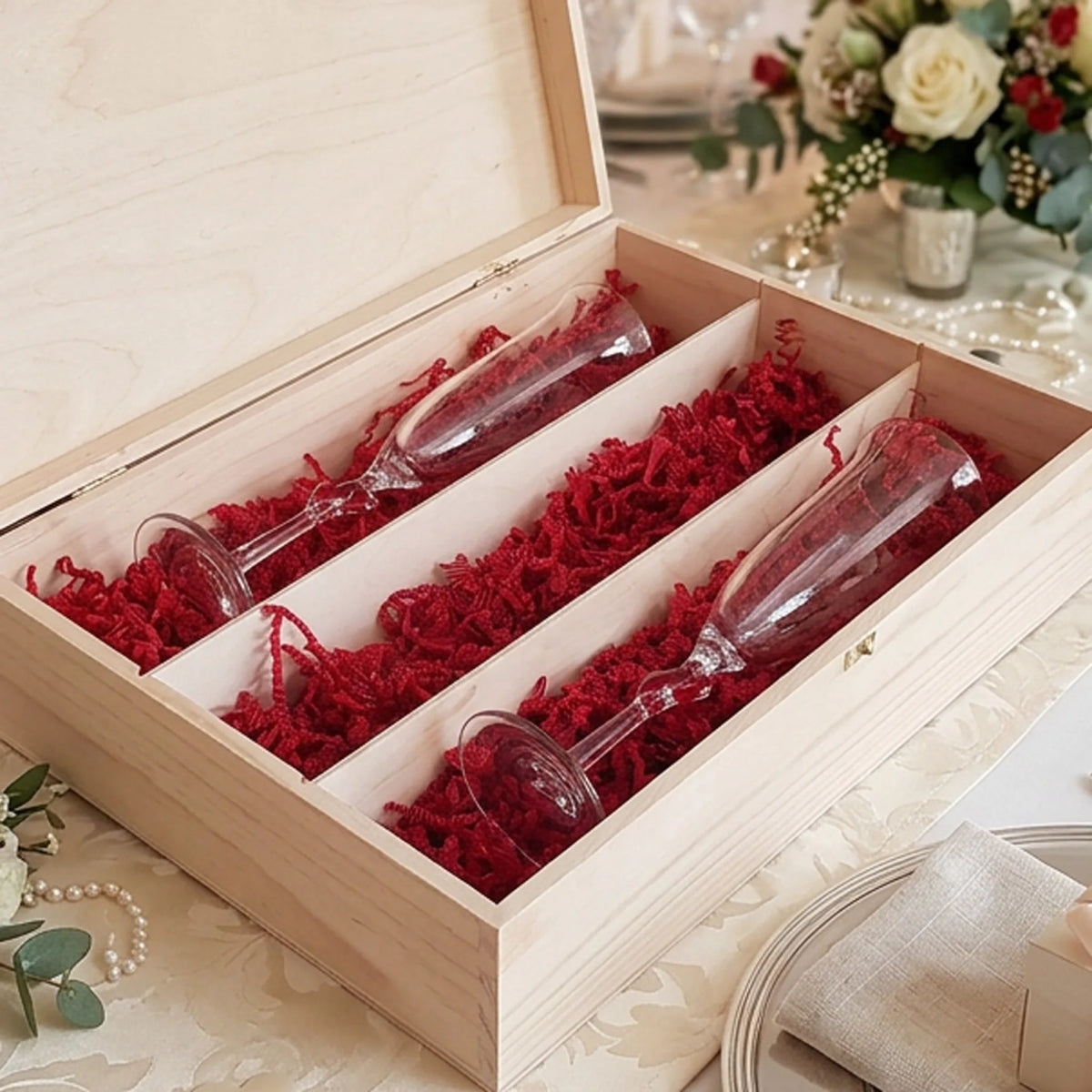 Geöffnete personalisierte Holzkiste mit zwei individuell gravierten L'amour-Sektgläsern zur Hochzeit