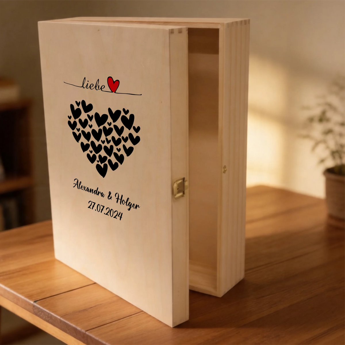 Personalisierte, individuell bedruckte Holzkiste des Hochzeits-Sektgeschenks