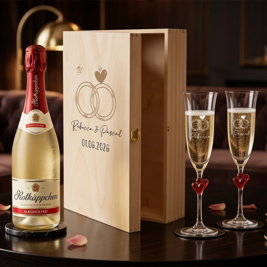 Personalisiertes Sektgeschenk zur Hochzeit – zwei individuell gravierte L'amour-Sektgläser mit Sektflasche