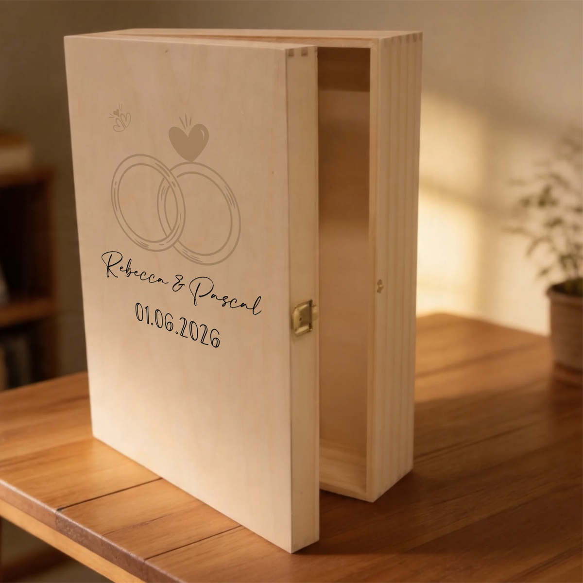 Personalisierte, individuell bedruckte Holzkiste des Hochzeits-Sektgeschenks