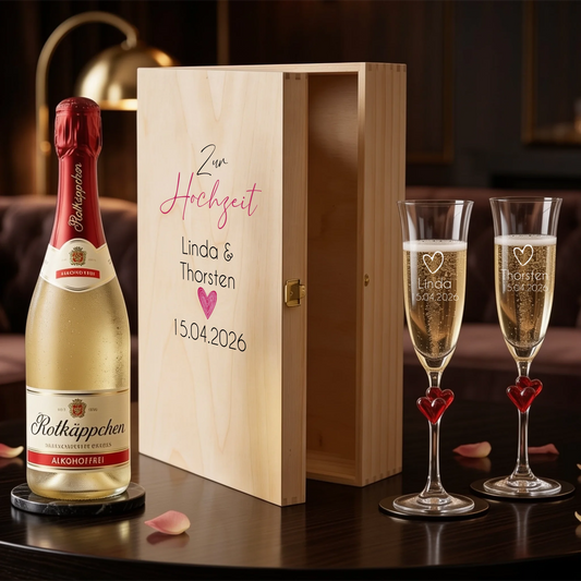 Personalisiertes Sektgeschenk zur Hochzeit – zwei individuell gravierte L'amour-Sektgläser mit Sektflasche